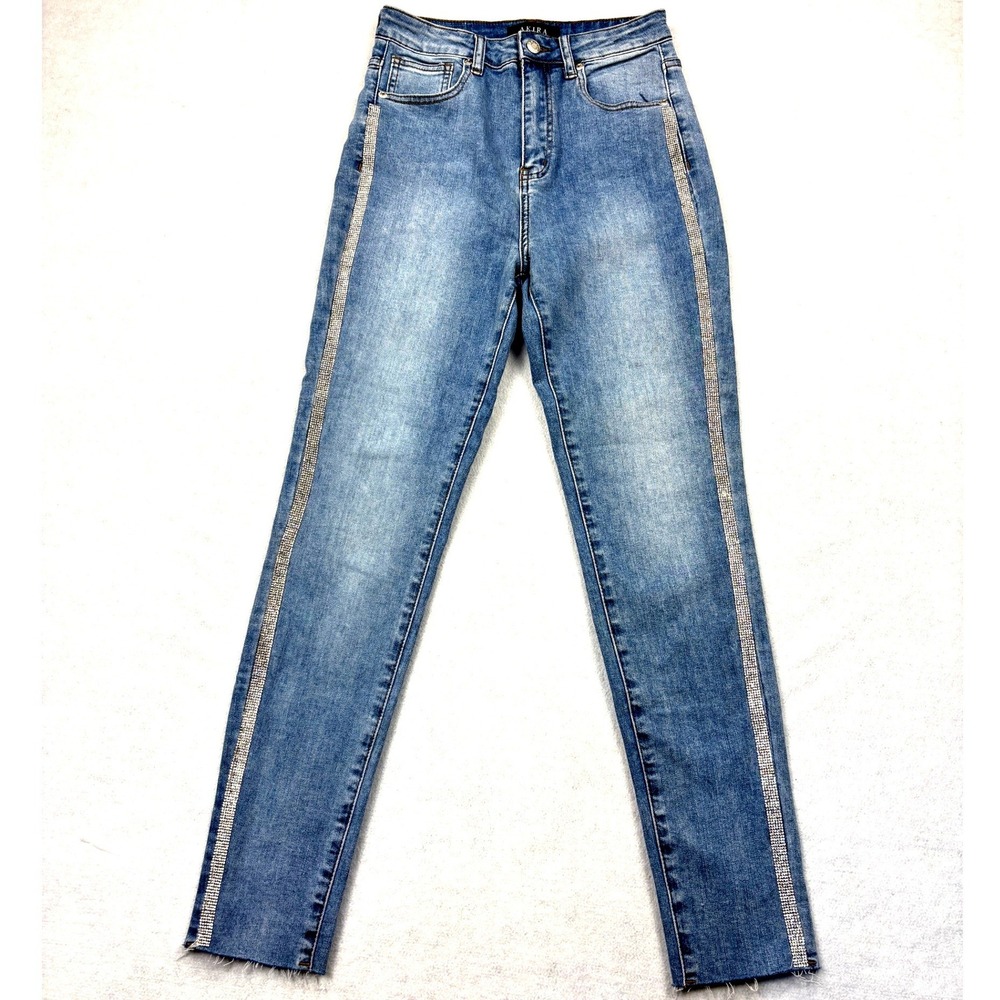 Akira Rhinestone Side Stripe High Rise Skinny Jeans Blue Raw Hem Size 11 W29